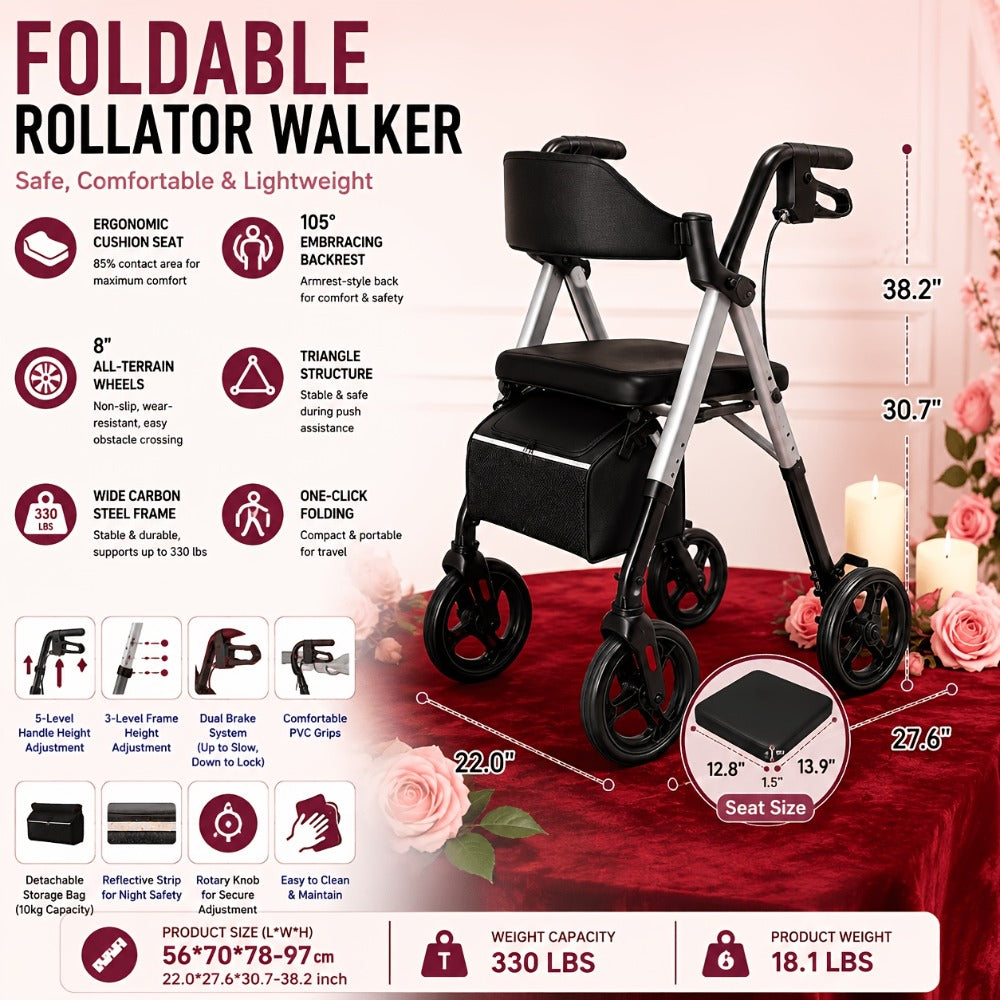 Rollator Walker for Seniors Foldable with 8-Inch Big Wheels, Durable Aluminum All-Terrain Rolling Walker with Ergonomic Backrest & Dual Adjustable Height, Upright Walker Option Available for Elderly