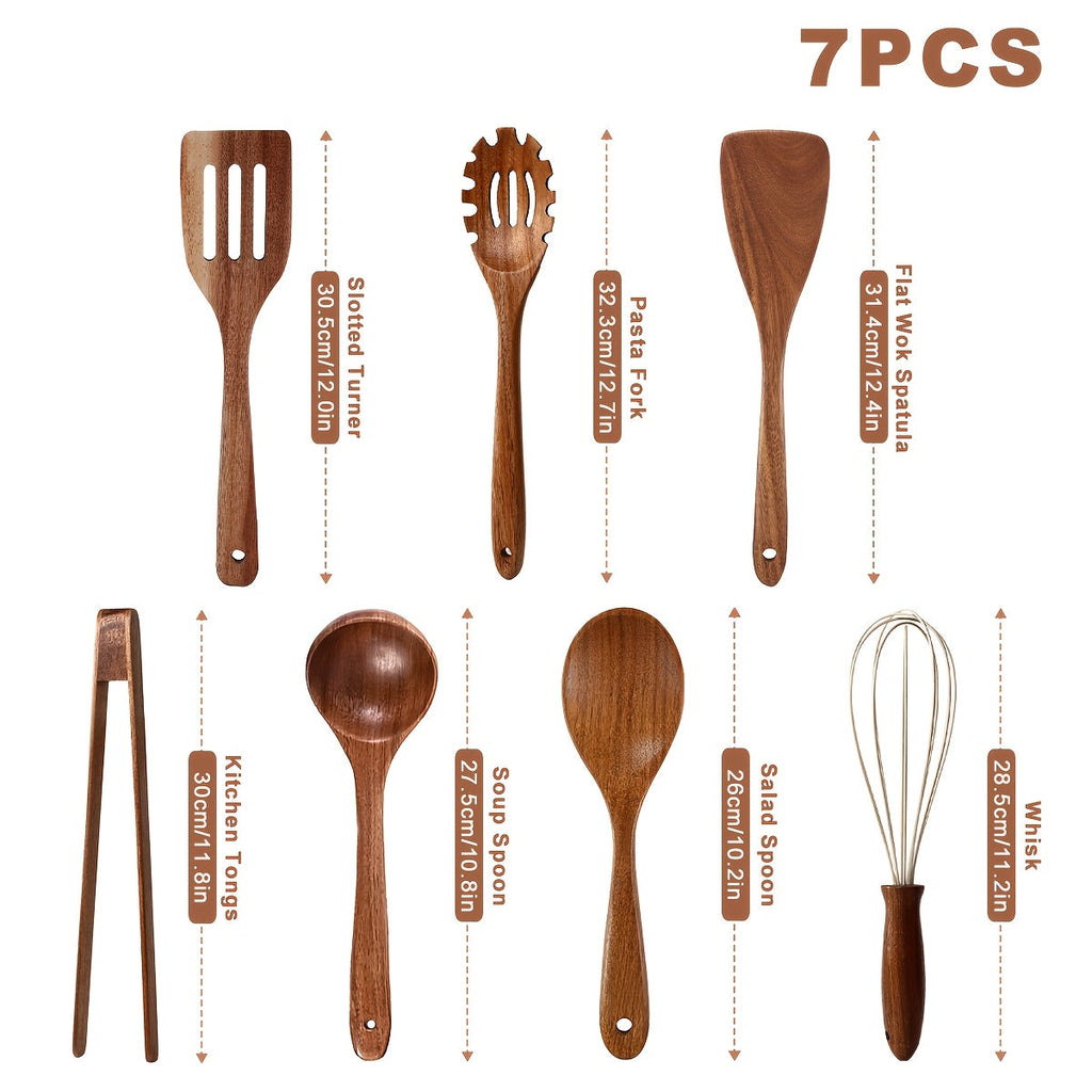 Wooden Kitchen Utensils Set 3/5/7Pcs ¨C Natural Wood Spoons, Spurtle, Ladle & Wok Spatulas for Non-Stick Pans | Heat Resistant, Ergonomic Handle, Easy to Clean