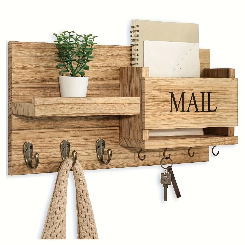 Wall Mounted Storage Rack with Mail Slot ¨C Rustic Wood Floating Shelf with Hooks for Keys, Hats & Envelopes, Decorative Organizer for Entryway, Porch, Bedroom, Bathroom & Living Room