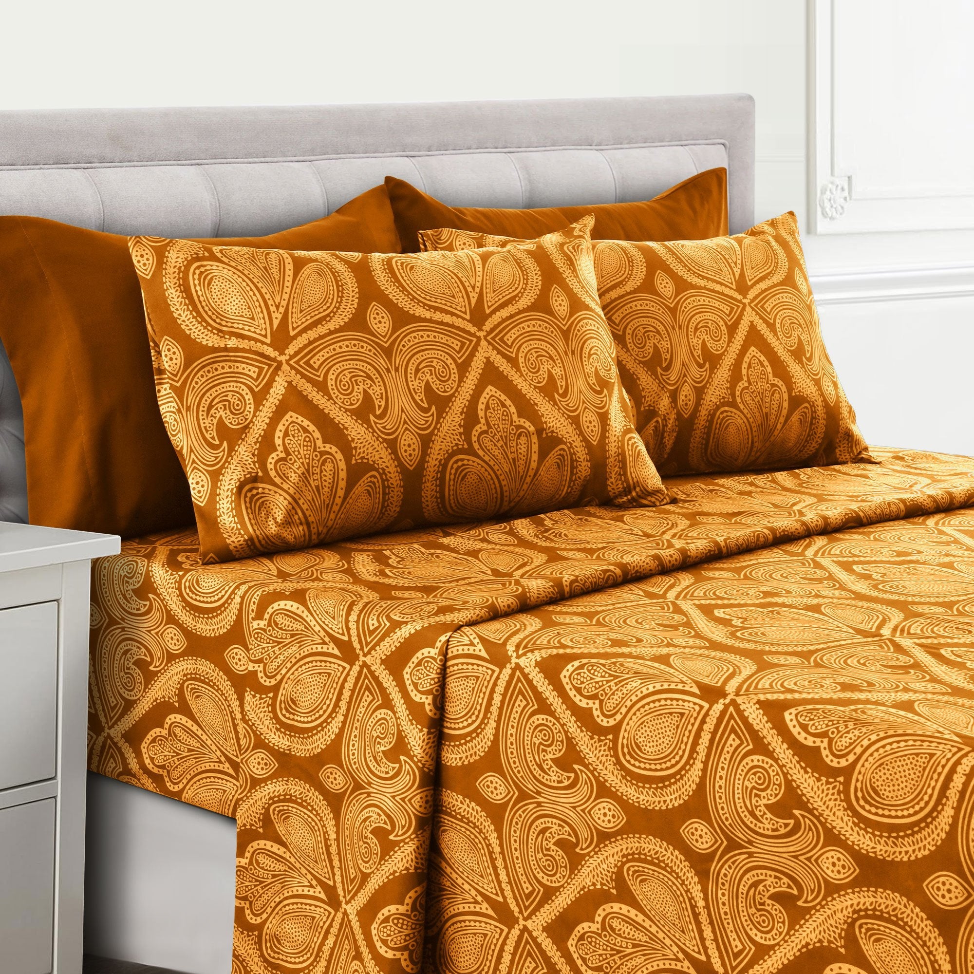 Paisley Bed Sheet Set 4 6 Piece 100% Brushed Microfiber Deep Pocket Fitted Sheet Soft Wrinkle Free Cooling Breathable Twin Full Queen King Cal King