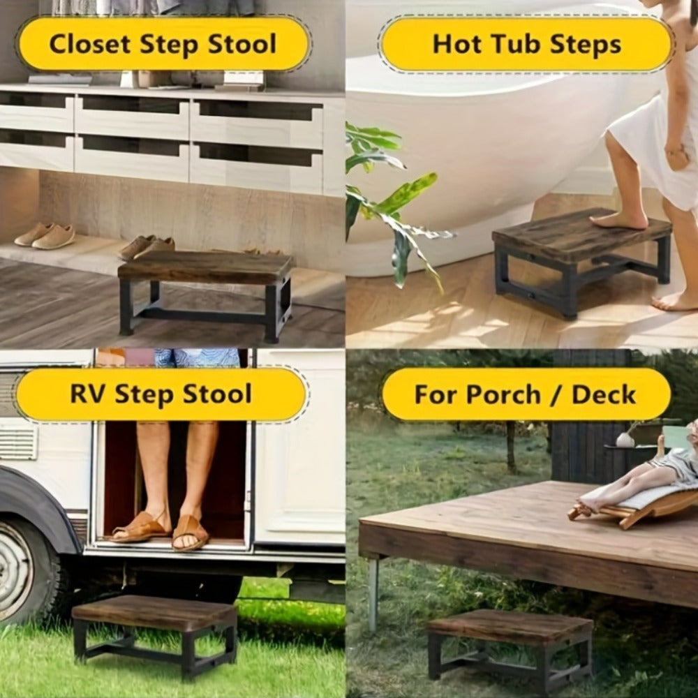 Step Stool Ladder Heavy Duty Steel Wood Frame Non-Slip Single Step for Adults Bedroom Kitchen Bathroom Small Spaces Sturdy Portable Bed Step Stool Solid Steel Frame High Bed Ladder