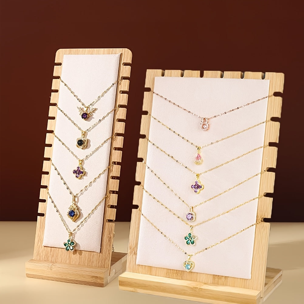 Bamboo Jewelry Necklace Display Stand 2 Pack - Multi-Hook Necklace Holder Tower, Tabletop Showcase Organizer for Retail Store, Beige Rectangle Jewelry Stand No Tools Required