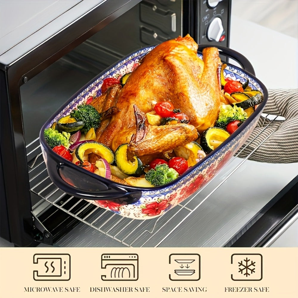 Ceramic Baking Dish Set of 2 Large 13 Inch Rectangular Casserole Dish Porcelain Bohemian Bakeware for Lasagna Roasting Casseroles Oven Safe Red Blue Yellow