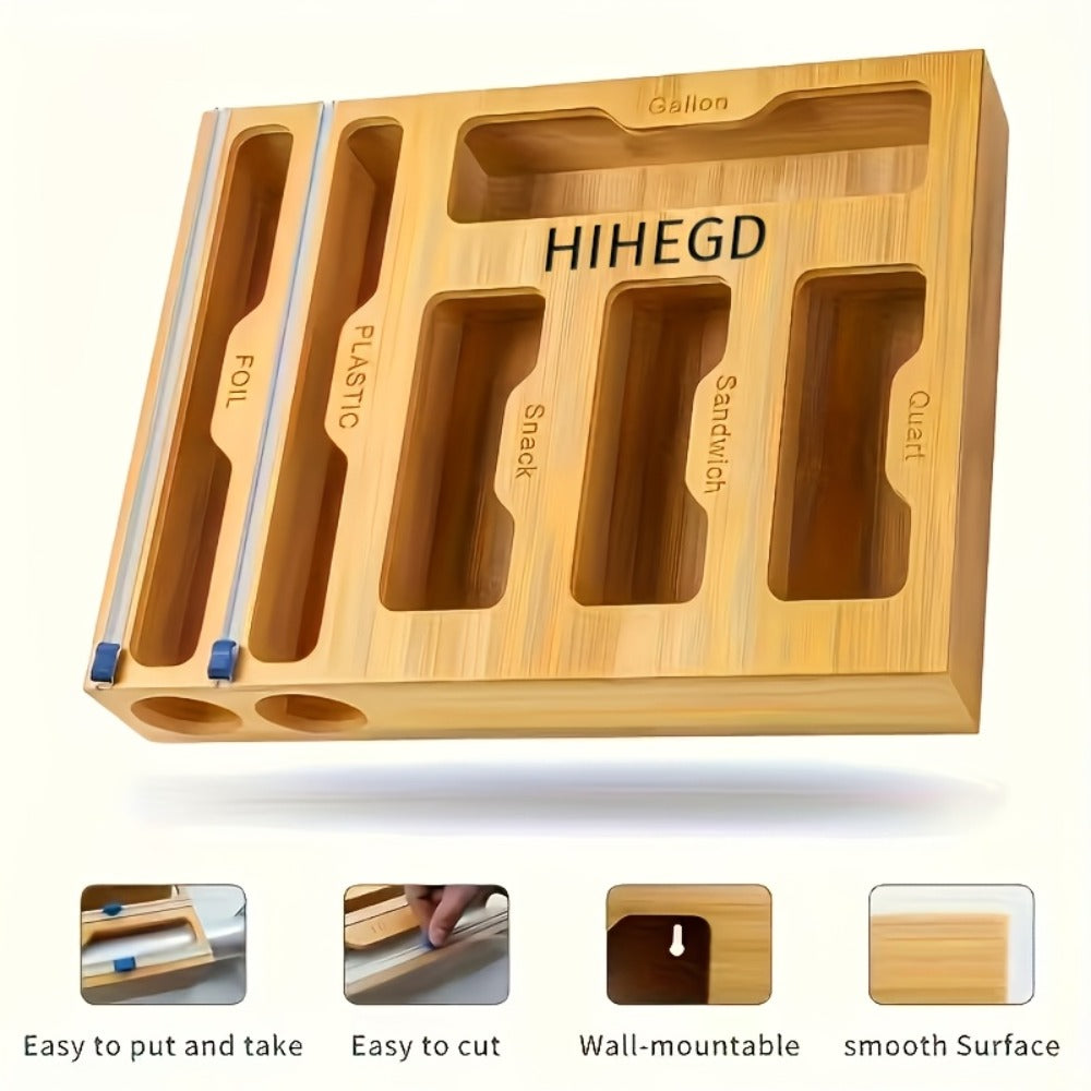 Bamboo Ziplock Bag Organizer Box for Kitchen Drawer - Adjustable Dividers, Compatible with Gallon Quart Sandwich Snack Bags, Space-Saving Fresh-Keeping Storage, Easy to Clean, Durable