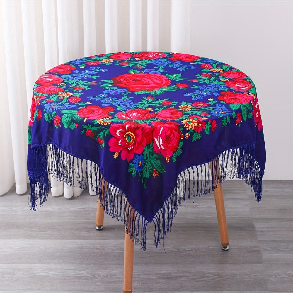 Floral Square Tablecloth with Tassels - Multicolor Flowers, Machine-Washable Polyester, Kitchen & Dining Room Table Cover with Tassel Trim
