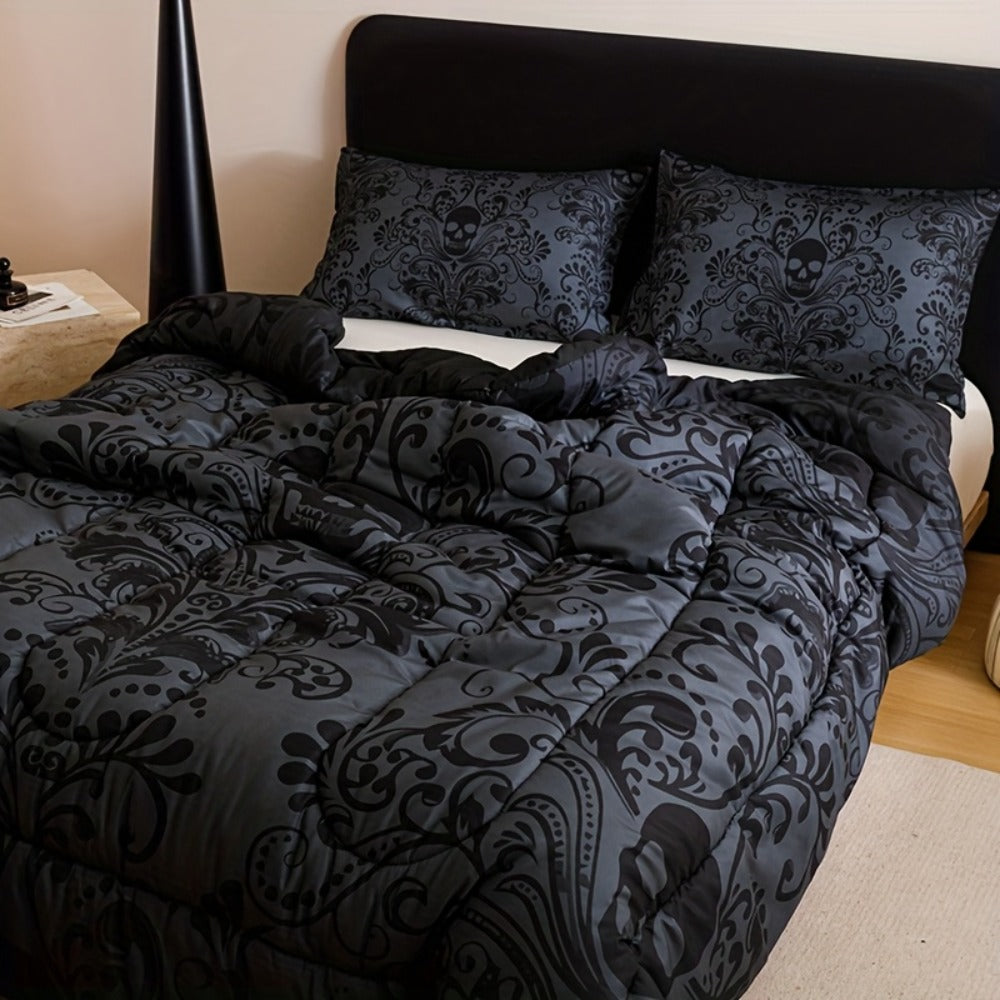 Skull Quilt Set 3pcs Gothic Victorian Comforter with 2 Pillowcases | Black Gray Digital Print Bedding Twin Full Queen King