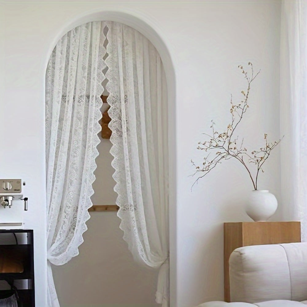 Sheer Curtain Rod Pocket Floral Lace Semi-Sheer Window Panel for Living Room Bedroom Kitchen Bathroom, 100% Polyester, Machine Washable, White Light Green Coffee