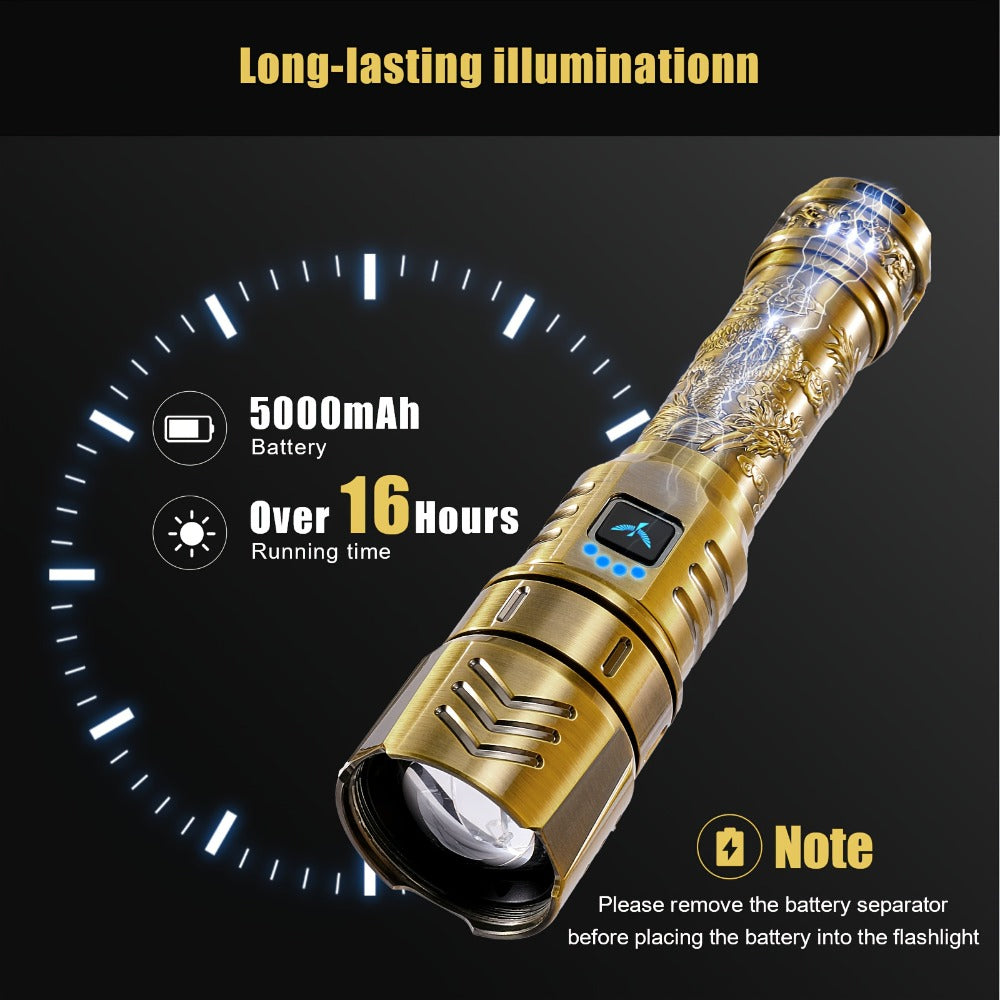 Tactical LED Flashlight 5000mAh Rechargeable Zoomable with Ignition Lens ¨C 4 Modes High Brightness Golden Dragon Pattern Spotlight for Camping Outdoor Hiking Emergency Household Use