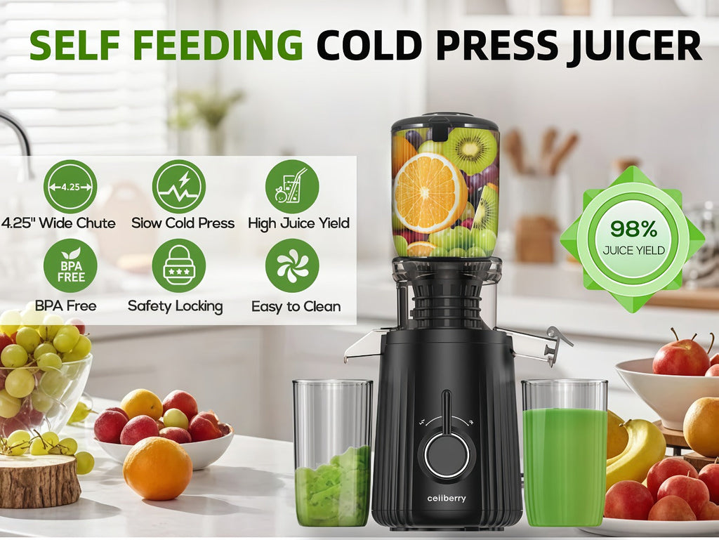 Masticating Juicer Cold Press - 4.25¡± Wide Feed Chute Auto-Feed Slow Juicer for Whole Fruits & Vegetables, 98% Juice Extraction, Quiet Motor, Easy to Clean, Compact for 1-2 People, Multiple Colors