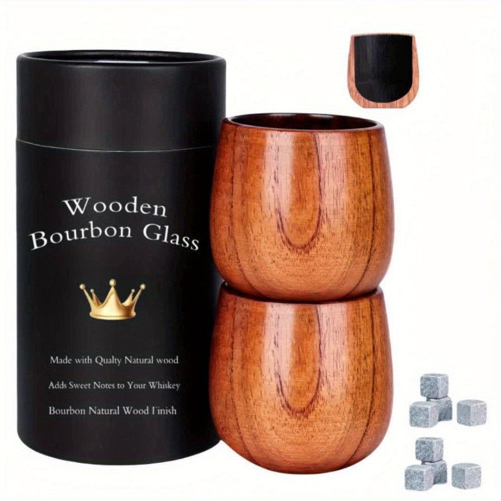 Charred Wooden Bourbon Whiskey Glass Set ¨C 2 Jujube Wood Old Fashioned Tumbler Glasses & 8 Granite Whiskey Stones ¨C Handcrafted Whiskey Gift for Men Dad