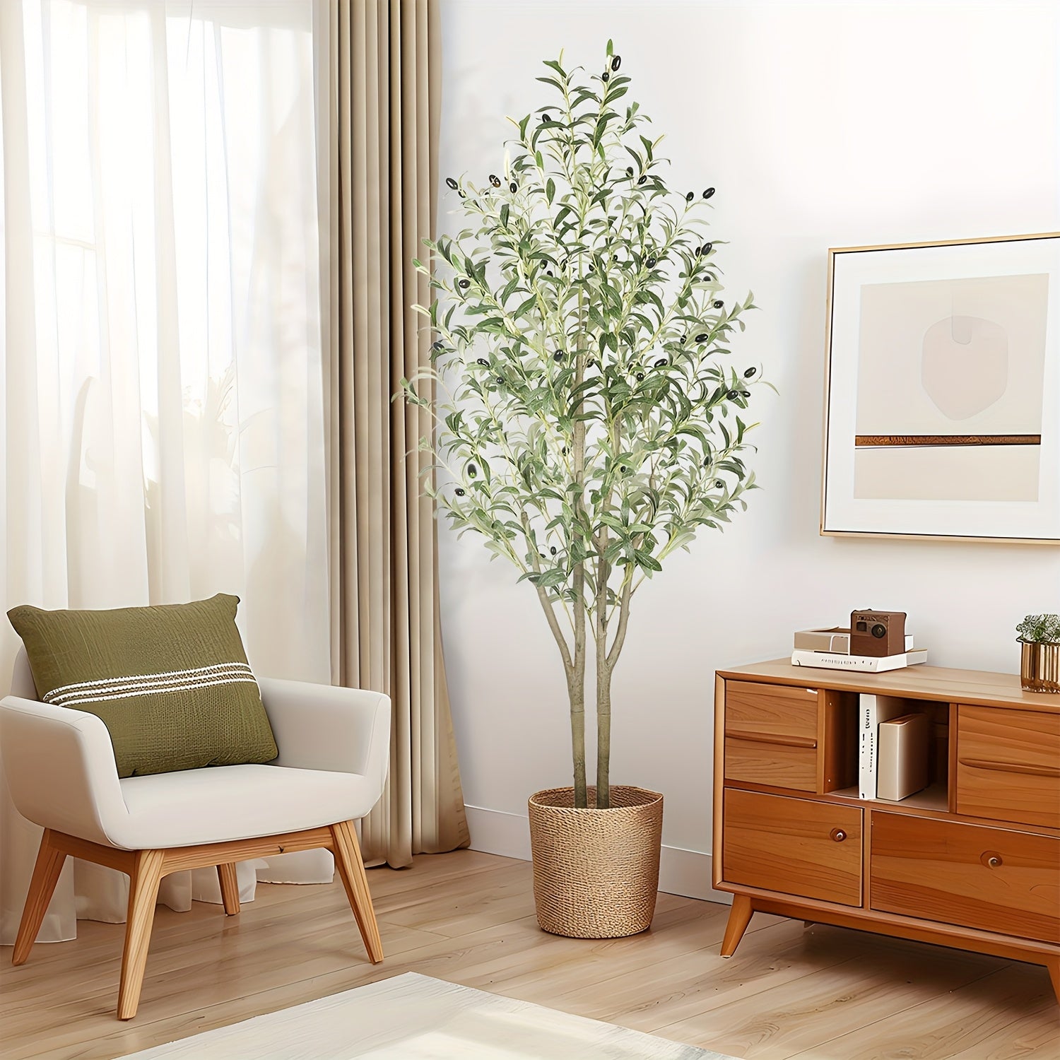 Artificial Olive Tree 4/5/6/7 Ft Tall Faux Potted Plant with Realistic Silk Leaves & Fruits for Living Room Home Decor Indoor Outdoor - Maintenance Free Decorative Tree Housewarming Gift