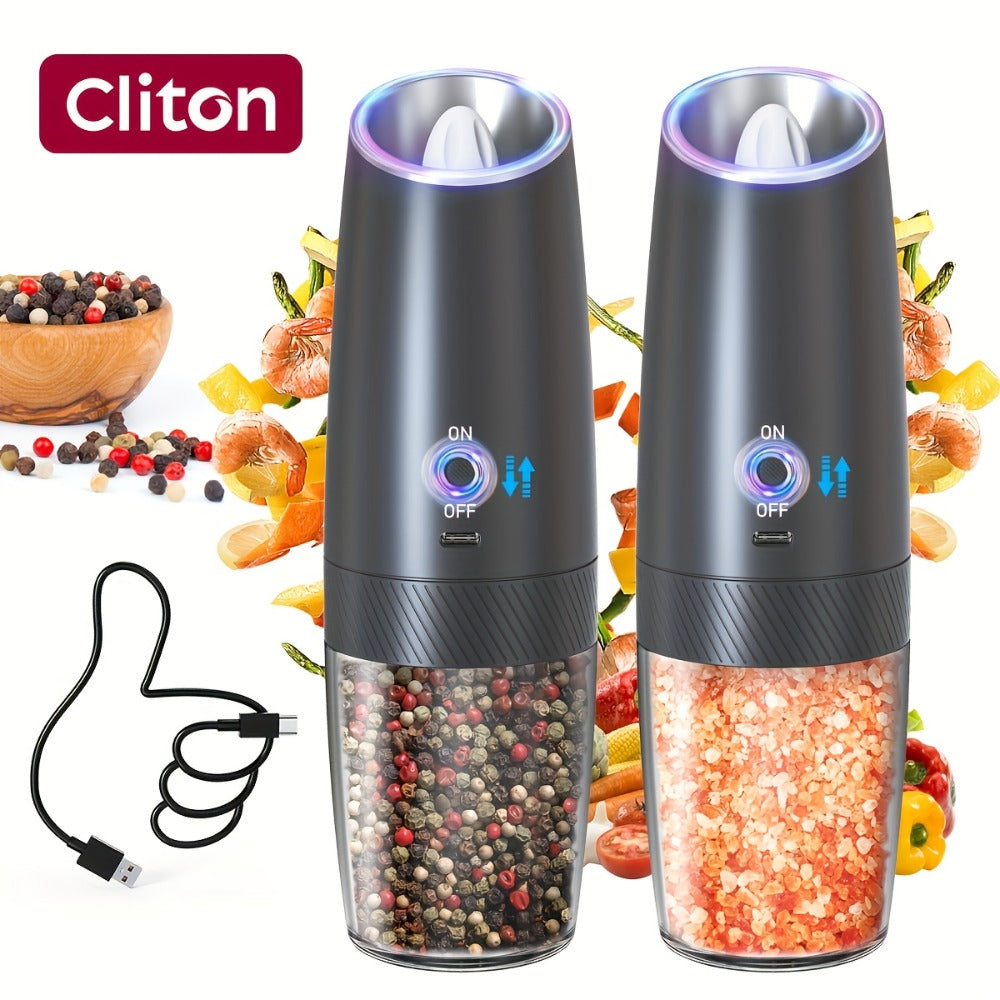 Electric Salt and Pepper Grinder Gravity Sensing USB Rechargeable with LED Light, One-Hand Operation Automatic Pepper Mill Adjustable Coarseness, Battery or Type-C Powered Kitchen Spice Grinder Set 1-2pcs