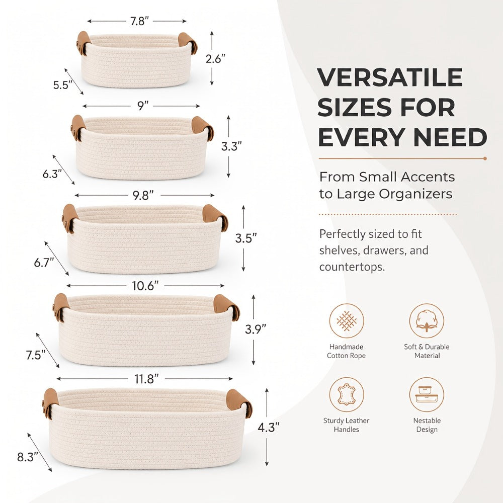Cotton Rope Storage Basket Set of 5 Woven Baskets with Leather Handles for Shelves Bathroom Bedroom Living Room Office Organizer Bins Boho Home Decor Natural Brown White Black