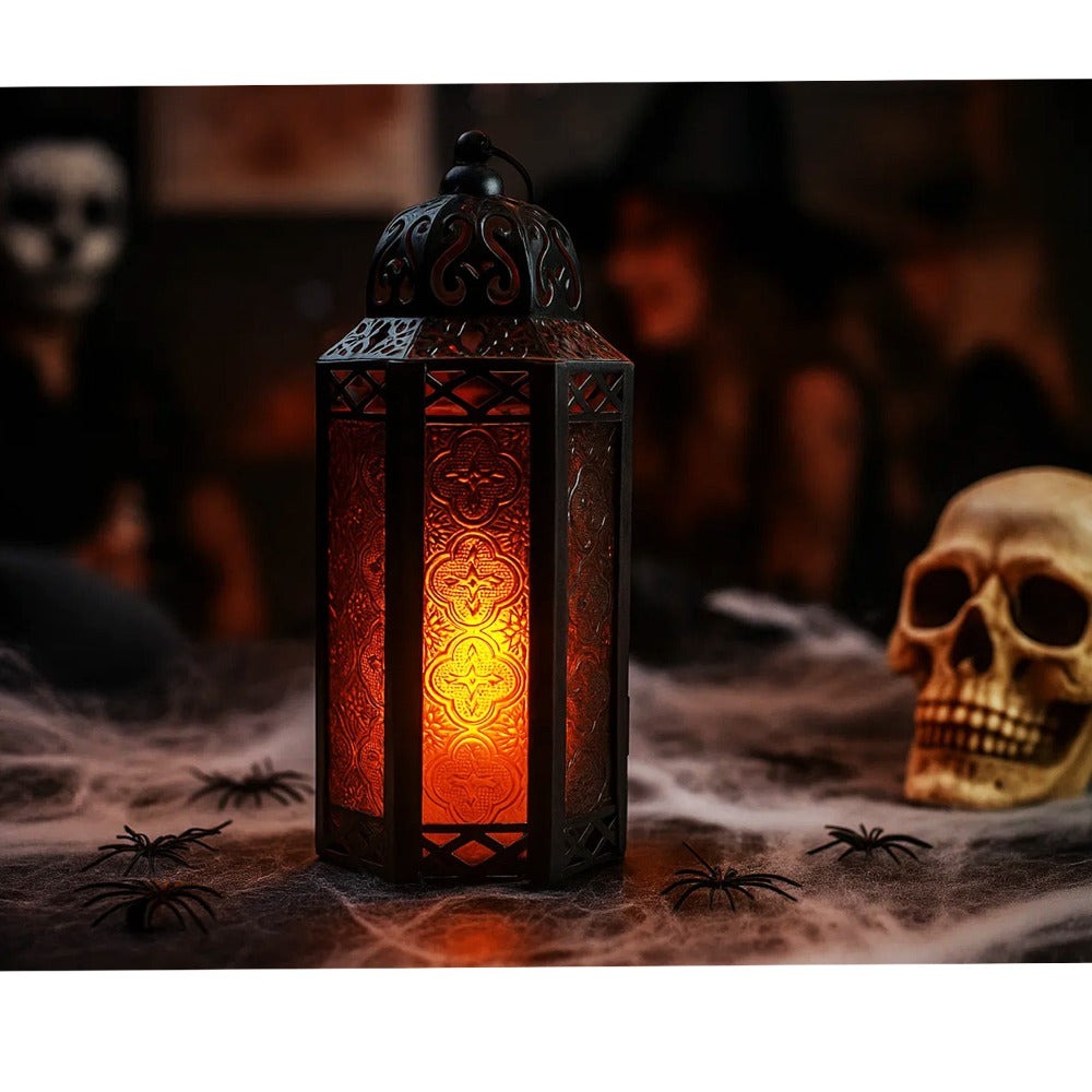 Moroccan Candle Lantern Holder - Decorative Metal & Glass Lantern with Embossed Floral Design for Indoor Home Decor, Garden, Patio, Weddings, Ramadan, Halloween & Holiday Celebrations - 10.5¡± Tall Medium Size