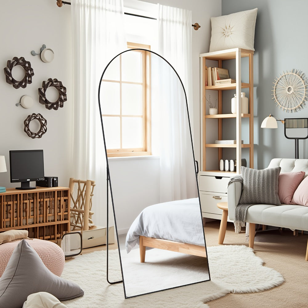 Full Length Mirror Floor Standing, Arched & Rect Body Mirror with Stand, Hanging or Leaning Wall Mirror, Aluminum Alloy Thin Frame for Bedroom Hotel Bathroom