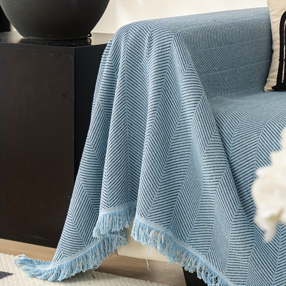 Herringbone Sofa Throw Cover with Tassels Jacquard Woven Solid Color Washable Polyester Sofa Blanket Slipcover for 3 4 Seater Couch Living Room - Grey Coffee Green Blue