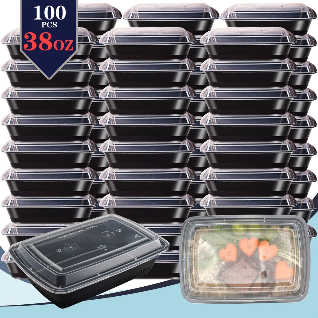 Meal Prep Containers 38oz Black Rectangular Disposable Bento Box Bulk Set - Stackable Leakproof Food Storage with Lids Microwave Dishwasher Freezer Safe for Takeout Catering Picnic Lunch