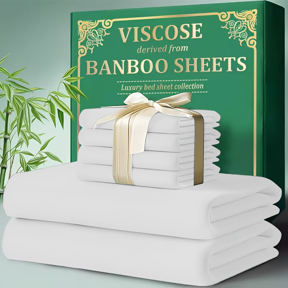 Bamboo Cooling Bed Sheet Set 4pcs - Ultra Soft Breathable Deep Pocket Fitted Sheets, 2200TC Cooling Fabric, Shrink & Wrinkle Resistant, All-Season Bedding