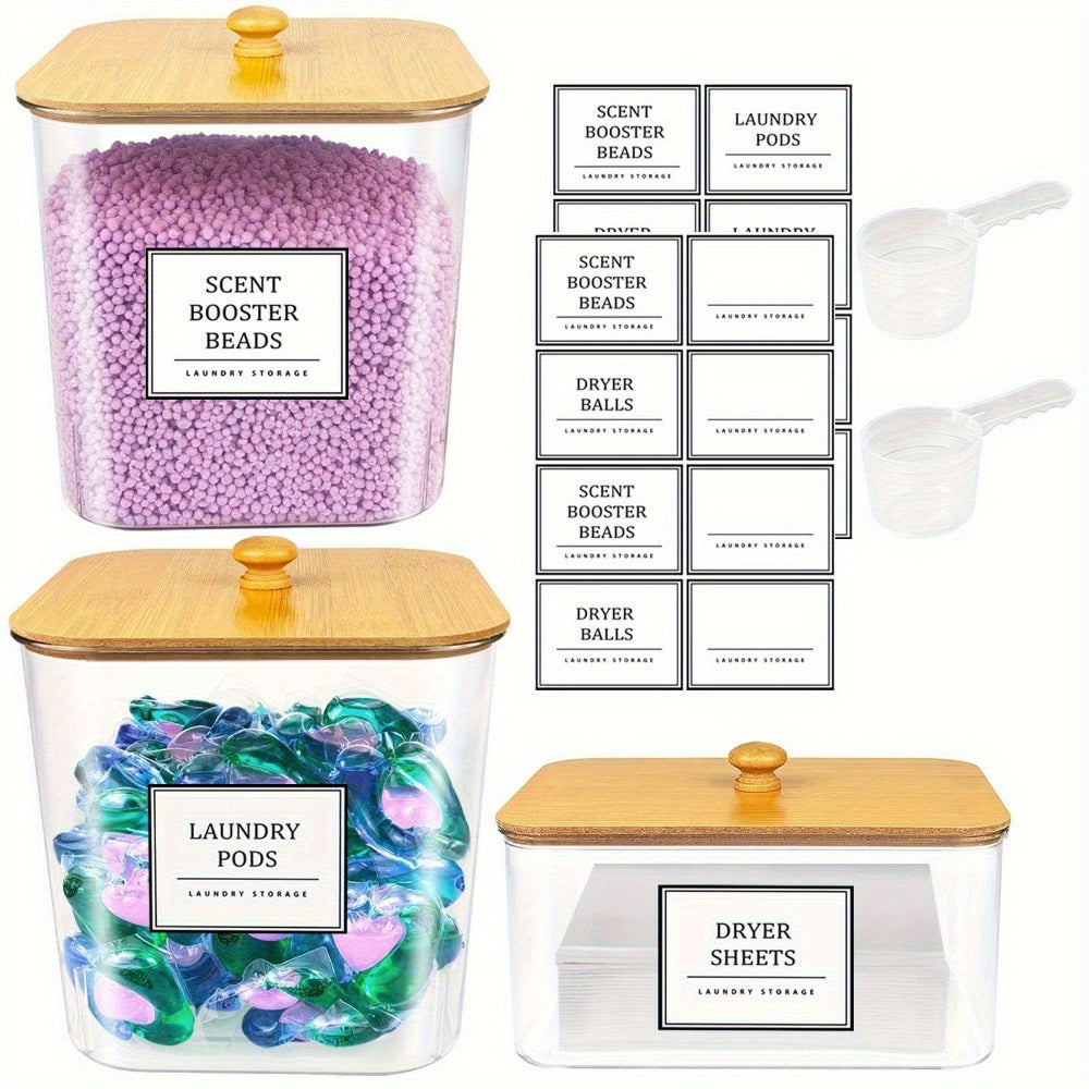 Laundry Pods Container & Dryer Sheet Holder Set with Bamboo Lids, Clear Laundry Room Organization Containers for Scent Booster, Powder, Pods ¨C 3+1 Pack