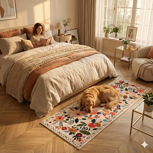 Bohemian Floral Plush Rug Non-Slip Machine Washable ¨C Soft Floral Runner Mat for Bedroom, Kitchen, Bathroom, Entryway & Living Room ¨C Easy Clean Indoor Home Decor Mat, 4 Sizes
