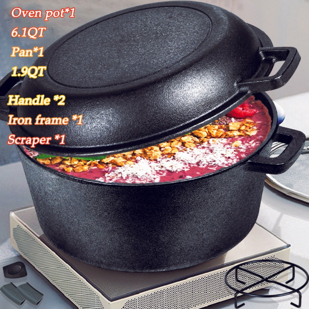 Cast Iron Dutch Oven Set ¨C 6.1QT Deep Pot + 1.9QT Frying Pot, 2-in-1 Cookware with Silicone Handles, Iron Frame & Scraper, Oven, Stovetop, Induction & BBQ Compatible, 6-Pack Bundle