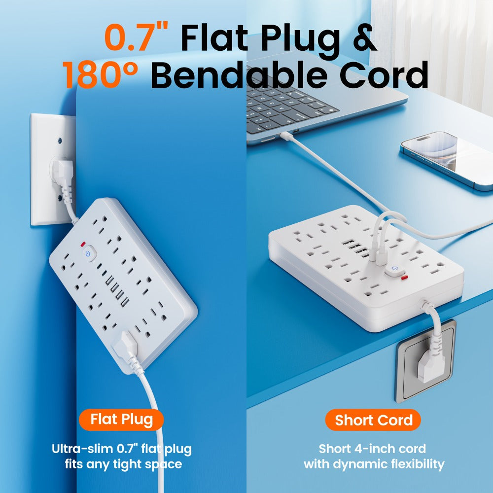 Extension Cord Power Strip with USB Ports 11 AC Outlets 4 USB-A 2 USB-C Surge Protector Overload Protection Short Cord 5FT 10FT for Home Office Study School Desk Charging Station White Black