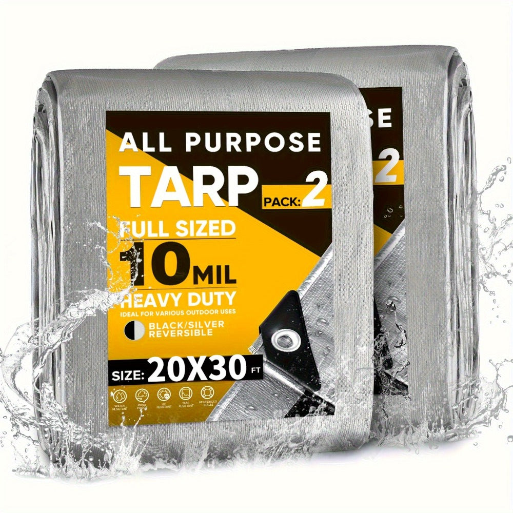 Heavy Duty Waterproof Tarp 2-Pack 10Mil 150GSM Black Silver ¨C Tear-Proof Polyethylene Cover with Reinforced Grommets for Roof Pool Boat Car Camping & Outdoor