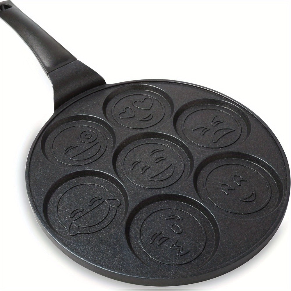 7-Hole Non-Stick Pancake Pan Smiley Face ¨C Aluminum Alloy Breakfast Maker with Detachable Handle for Gas Stove | Oven & Dishwasher Safe Crepe Waffle Egg Mold Cooking Pan Even Heat Distribution Black