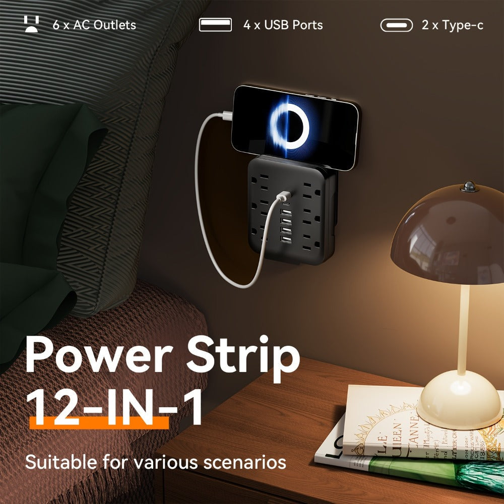 Wall Power Strip 12-in-1 with 6 AC Outlets & 6 USB Ports (2 USB-C) ¨C Compact Space-Saving Plug, 110-130V US Plug for Home & Office ¨C White & Black