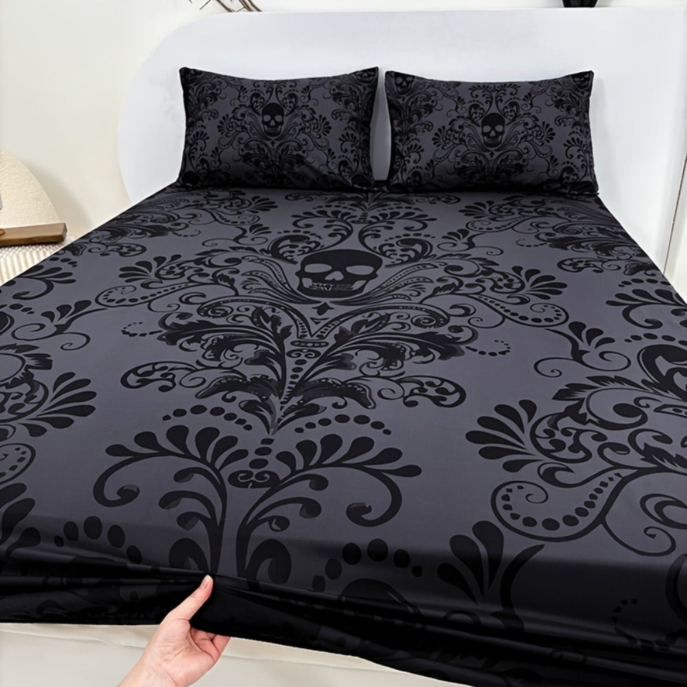 Gothic Skull Fitted Sheet Set 3-Piece ¨C Victorian Baroque Halloween Bedding | 1 Deep Pocket Fitted Sheet + 2 Pillowcases | Machine Washable Hypoallergenic Polyester | Twin Full Queen King