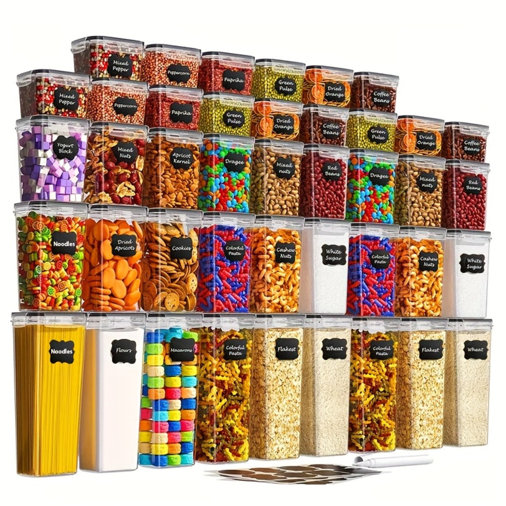 Pantry Storage Containers with Lids Labels and Markers - Airtight Kitchen Food Storage Set for Sugar Flour Pasta Grains Nuts Coffee Tea Beans Baking Supplies Organization