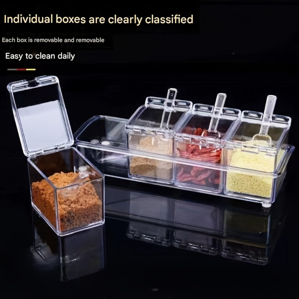 Kitchen Seasoning Storage Box Set of 4 - Transparent Multi-Grid Moisture-Proof Spice Organizer with Flip Lid, Airtight Condiment Container for Home Kitchen Apartment