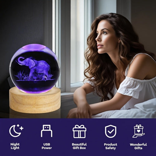 3D Elephant Crystal Ball LED Lamp USB Powered Colorful Night Light Wooden Base Elephant Figurine Tabletop Decor Gift for Women Mom Wife Girlfriend Birthday Valentine Anniversary
