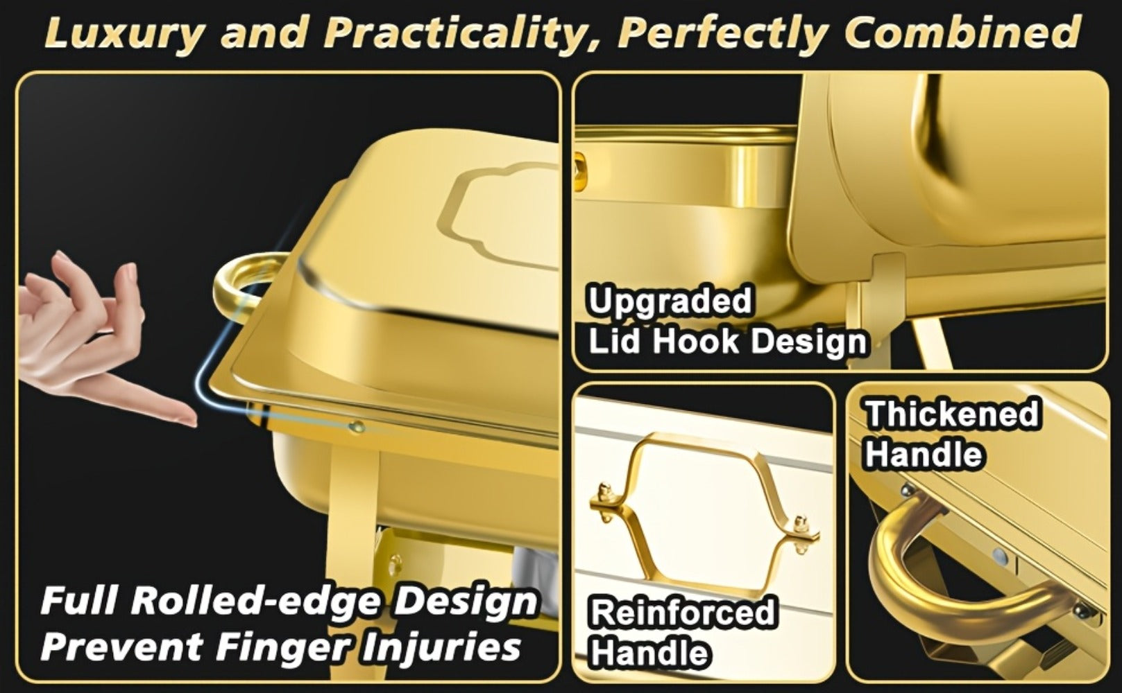 Chafing Dish Buffet Set 8QT Gold - Stainless Steel Food Warmer with Lid Foldable Stand & Golden Serving Tongs for Parties Weddings Catering Events, 1 or 4 Pack
