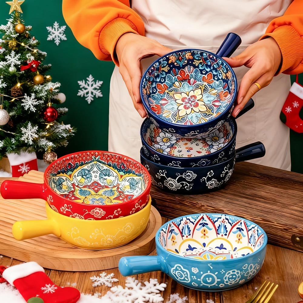 Ceramic Salad Bowl Set of 4 Bohemian Style 8.7 Inch with Handles Microwave and Oven Safe Colorful Serving Bowls for Home Baking Table Serving Gift