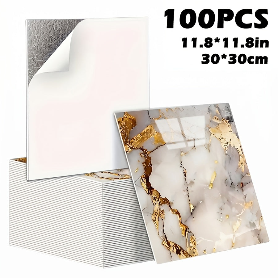 Peel and Stick Wall Tiles 50/100pcs - Waterproof PVC Marble Self-Adhesive Vinyl Panels for Bathroom Shower Kitchen Living Room TV Backdrop, Modern Wall Decor Easy Installation No Grout Required