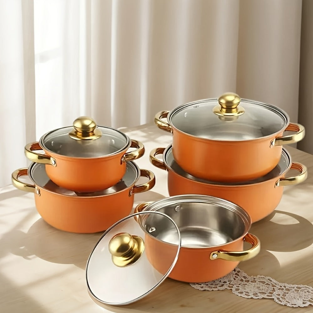 Stainless Steel Non-Stick Cookware Set 10/12pcs, 316 Grade Steel Frying Pan, Stockpot & Milk Pot with Lid, Multi-Functional Kitchen Cooking Set in Gold, Pink & Orange