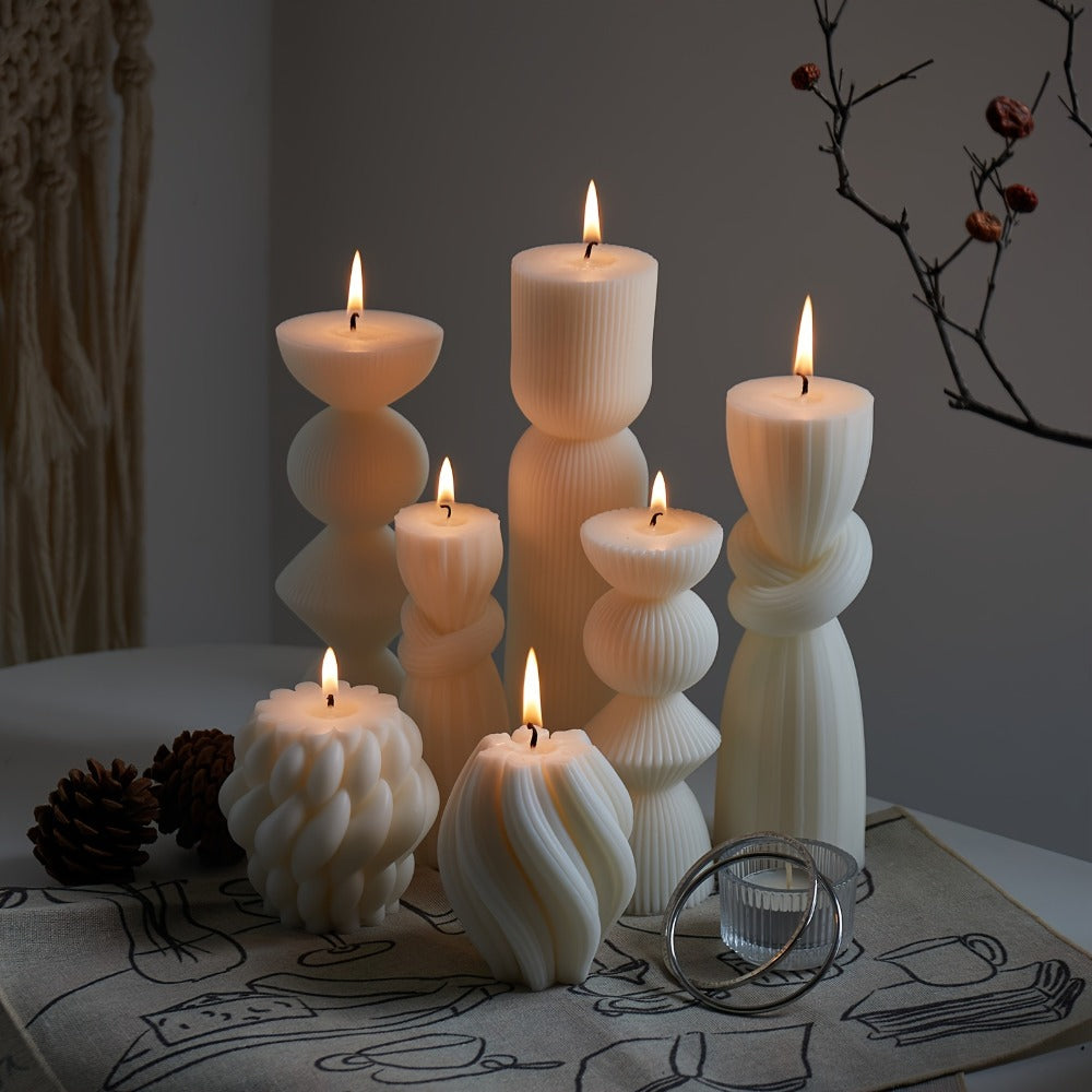 Ribbed Pillar Candles 7-Pack Large Soy Wax, Handmade Aesthetic Pillar Candle Set for Home Decor, Wedding Centerpiece, Shelf Decor, Dining Table & Housewarming Gift ¨C White, Black, Blue, Orange with Glitter