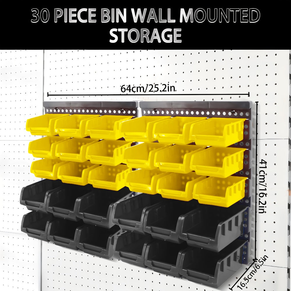 Plastic Parts Storage Bins Wall Mount 30pcs ¨C Heavy Duty Small Hardware Organizer for Screws, Nuts, Bolts & Nails | Multi-Tier Wall Shelf System for Garage, Workshop & Craft Room | Space-Saving Bin Rack