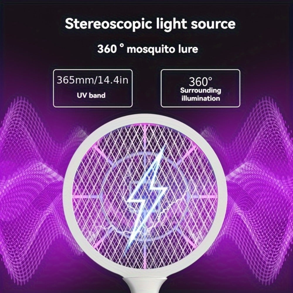 Electric Mosquito Swatter Racket Bug Zapper with LED Night Light & USB Charging, Handheld Insect Killer with Base Stand, Dual Mode Mosquito Lure Lamp for Home, Office & Outdoor Use