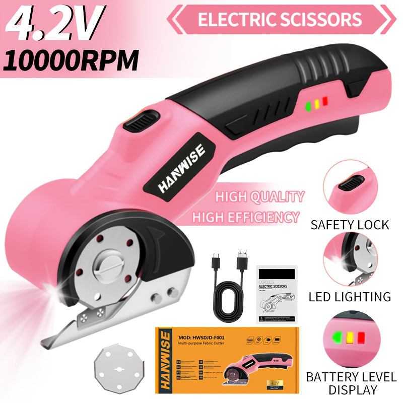 Electric Scissors Cordless 4.2V Rotary Cutter with 2000mAh Battery ¨C 10000 RPM, Safety Lock, LED Light, Anti-Slip Handle, Fabric Cutting Machine for Clothing, Cardboard, Carpet, Leather & Craft Projects