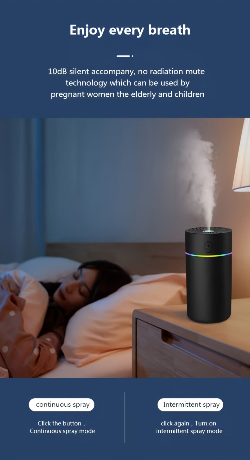 USB Cool Mist Humidifier with Color-Changing Night Light, Portable Desktop Car Aromatherapy Humidifier Nano Fine Mist Facial Steamer, Filter-Free Continuous Intermittent Atomization for Bedroom Office Travel