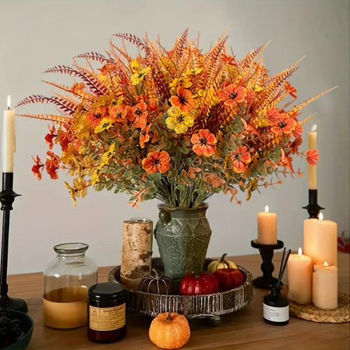 Artificial Autumn Flowers Set of 8 UV Resistant Fake Fall Floral Stems Mix Colors Indoor Outdoor Home Decor Vase Arrangement Fireplace Porch Garden Living Room