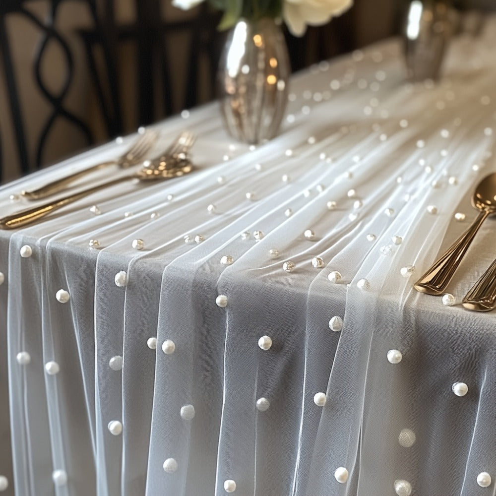 White Pearl Beaded Tulle Table Runner 2.5¡Á9.8ft | Wedding Ceremony Backdrop, Birthday Party & Valentine's Day Romantic Decor, Sheer Mesh Fabric 3PCS