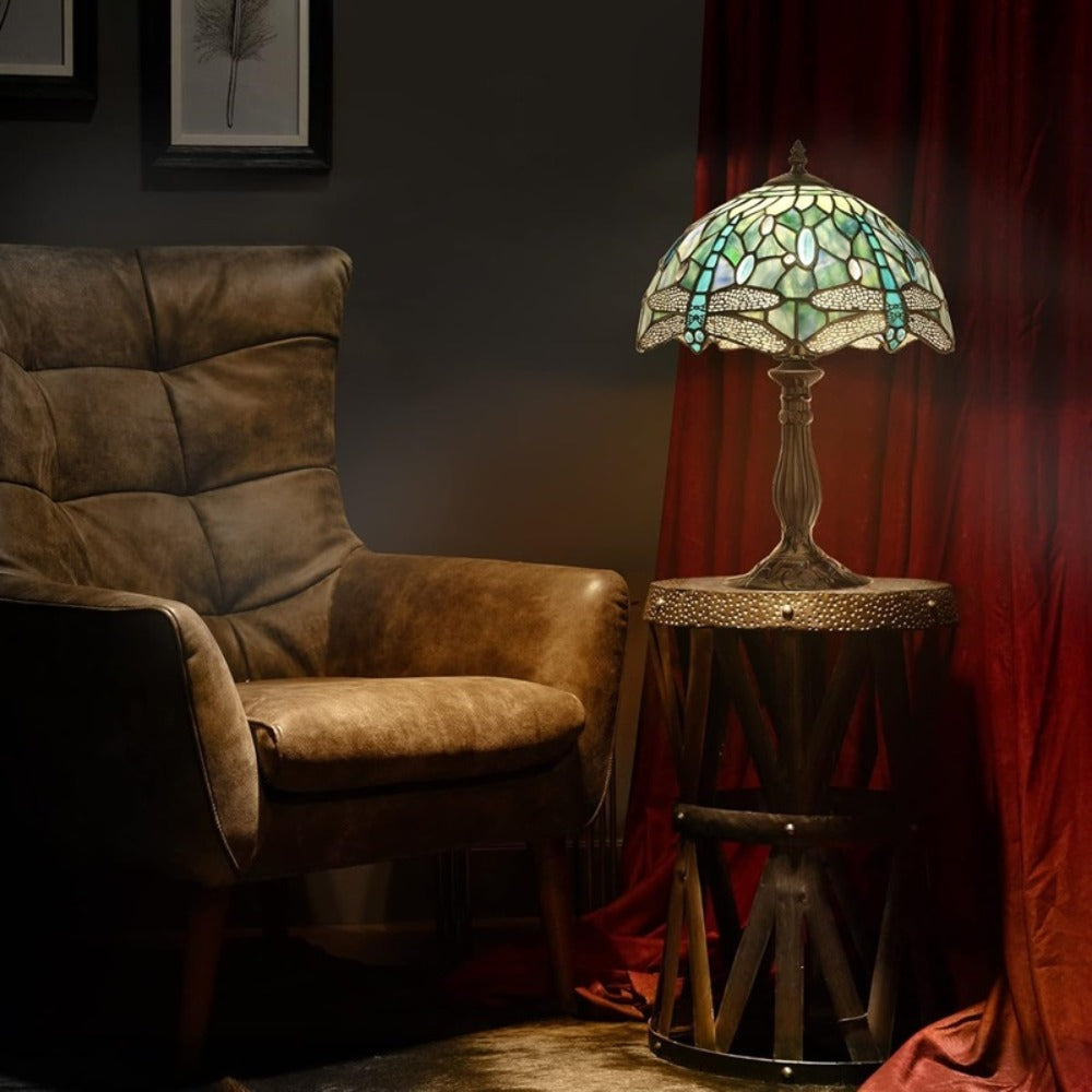 Stained Glass Table Lamp Dragonfly Design - Tiffany Style Bedside Lamp with Colorful Art Glass Shade, 18-Inch LED Night Light for Bedroom Nightstand Living Room Reading Desk Home Decor