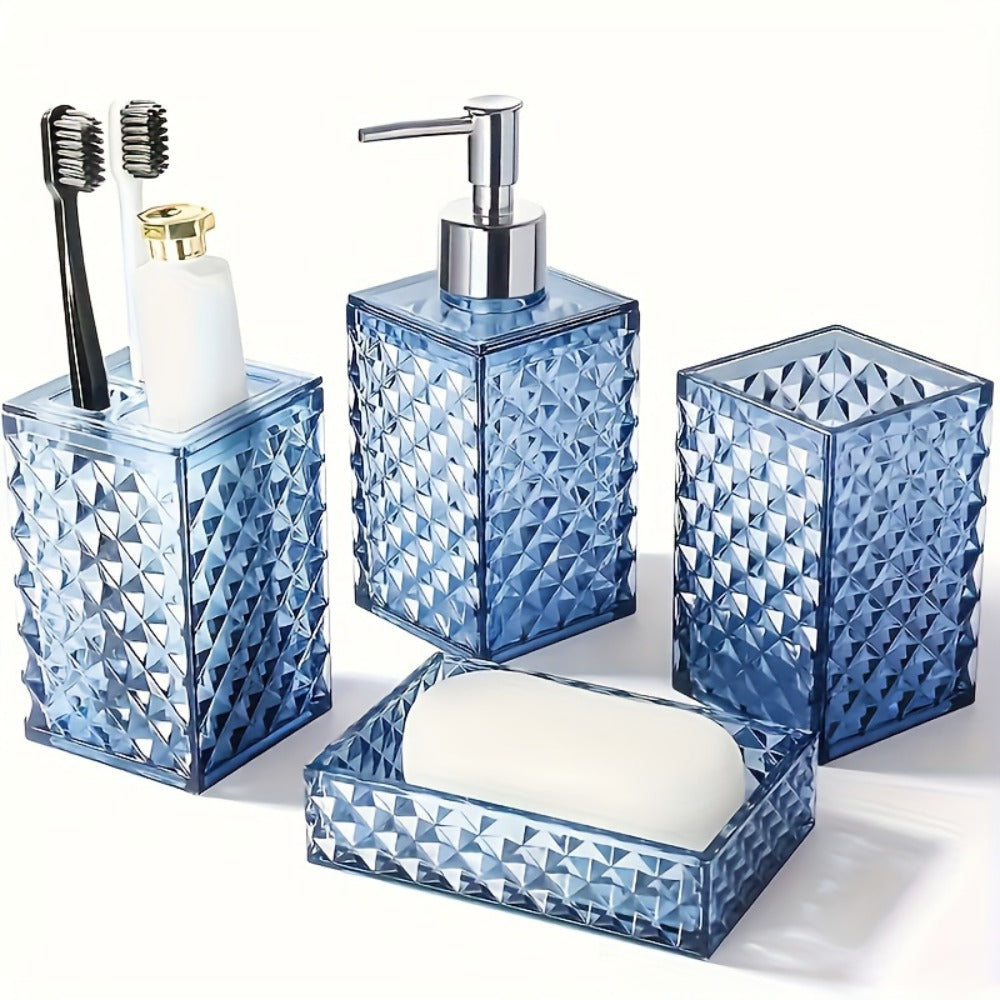 Bathroom Accessories Set 4-Piece Diamond Grid Plastic Organizer Soap Dispenser Toothbrush Holder Grey Blue Green