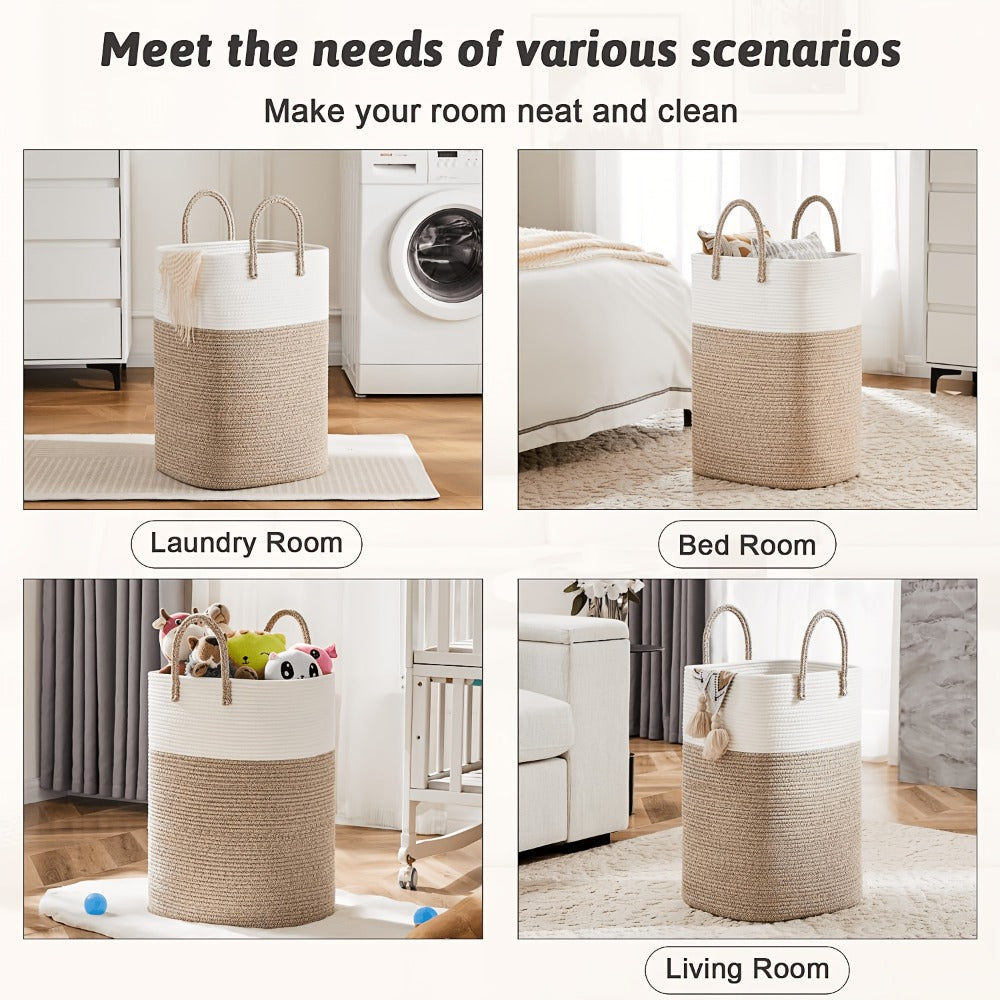 Woven Cotton Rope Laundry Basket Large Hamper with Handles for Bathroom Bedroom Living Room ¨C Jumbo Boho Storage Basket for Clothes Blankets Toys | 40L 60L 80L 100L