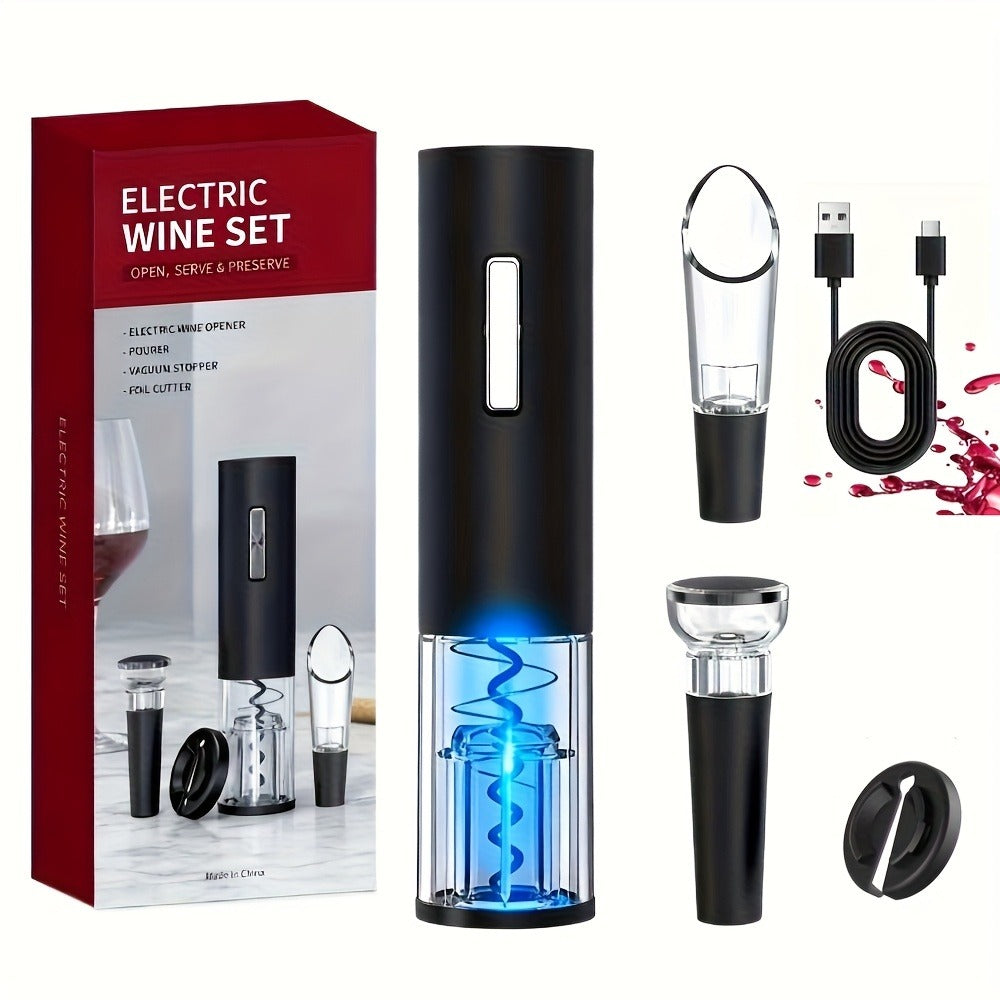 Electric Wine Opener Set 4-in-1 Rechargeable - USB-C Automatic Corkscrew with Blue LED, Vacuum Stopper, Wine Pourer & Foil Cutter - Complete Wine Accessories Gift Set for Home Bar, Parties & Weddings