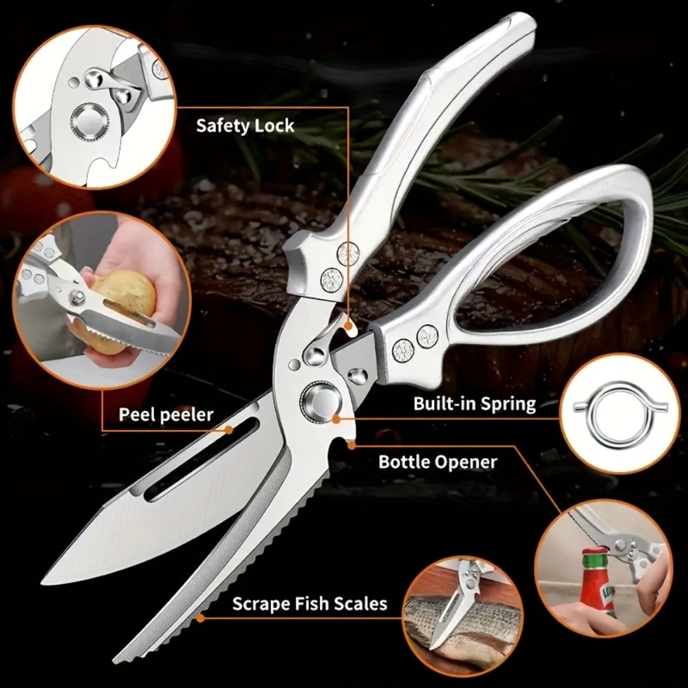 Kitchen Scissors Heavy Duty Stainless Steel | 3CR Multipurpose Cooking Shears for Chicken Bone Meat Vegetables Fruits Herbs with Seat Belt Lock Labor-Saving Handle