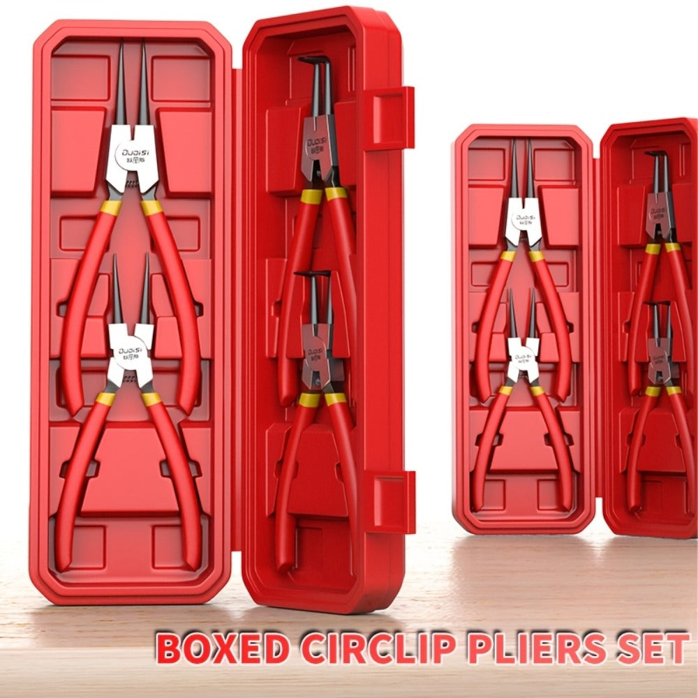 Snap Ring Pliers Set 4pcs - 7 & 9 Inch Straight Curved Jaw Internal External Circlip Pliers Spring Loaded Precision Retaining Ring Tool with Storage Box or Bag